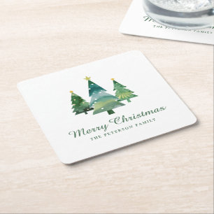 Porta-copo De Papel Quadrado Árvores de Natal de Cores Aquáticas com Script Ele