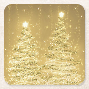 Porta-copo De Papel Quadrado Árvores de Natal Elegantes Douradas