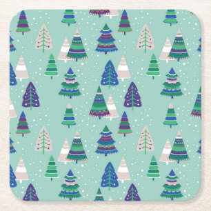 Porta-copo De Papel Quadrado Árvores de Natal, fundo azul