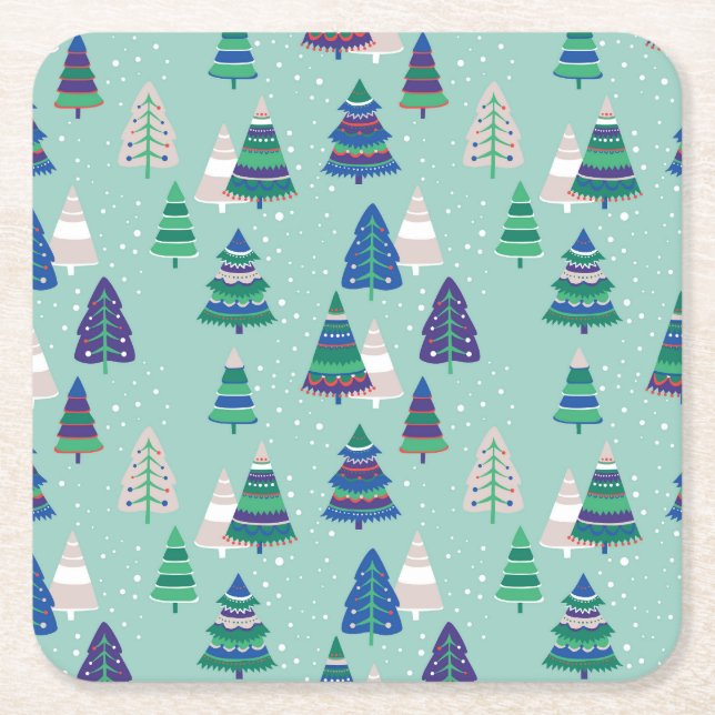 Porta-copo De Papel Quadrado Árvores de Natal, fundo azul (Frente)