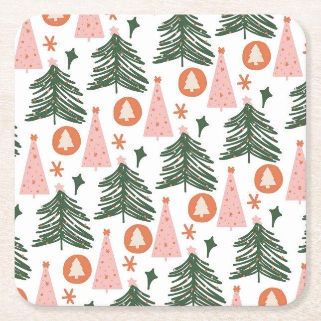 Porta-copo De Papel Quadrado Árvores de Natal Laranja Boho Verde Rosa (Frente)