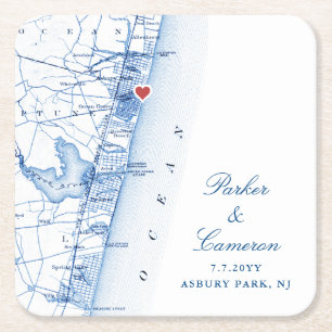 Porta-copo De Papel Quadrado Asbury Park NJ Mapa Casamento Favor Marinho Azul