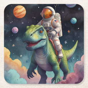 Porta-copo De Papel Quadrado Astronauta sobre Dino no Espaço