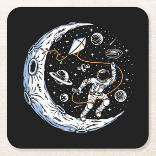 Porta-copo De Papel Quadrado Astronauta Voando uma Pipa na Lua