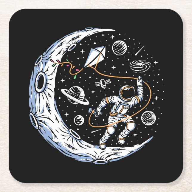 Porta-copo De Papel Quadrado Astronauta Voando uma Pipa na Lua (Frente)