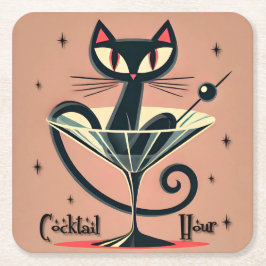 Porta-copo De Papel Quadrado Atomic Futuristic Space Age Black Cat Martini