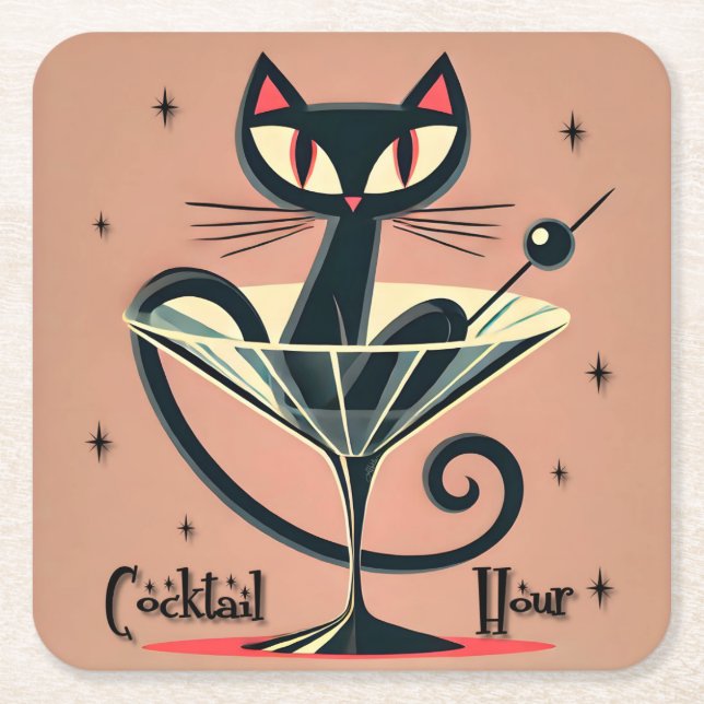 Porta-copo De Papel Quadrado Atomic Futuristic Space Age Black Cat Martini (Frente)