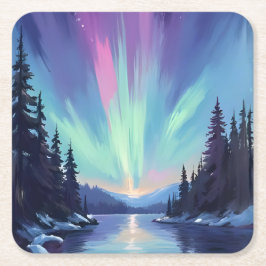 Porta-copo De Papel Quadrado Aurora Boreal | Luzes do Norte Aquarela