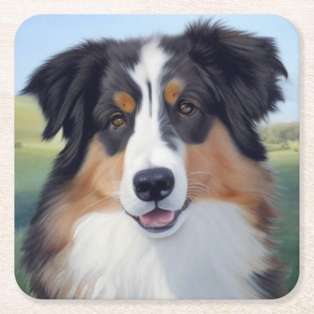 Porta-copo De Papel Quadrado Australian Shepherd Portrait  -  (Frente)