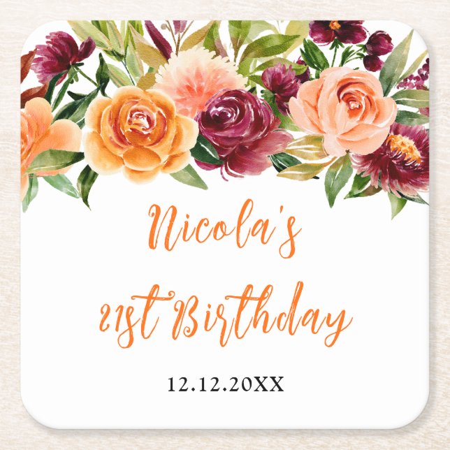Porta-copo De Papel Quadrado Autumn Burgundy and Orange Floral Birthday (Frente)