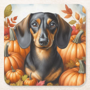Porta-copo De Papel Quadrado Autumn Dachshund Delight: Costa Preta e Caiu de Ta