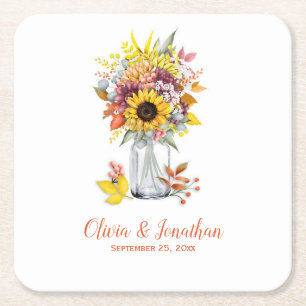Porta-copo De Papel Quadrado Autumn Sunflower Floral Mason Jar Wedding