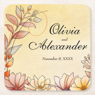 Porta-copo De Papel Quadrado Autumn Watercolor Floral Terracotta Yellow Casamen