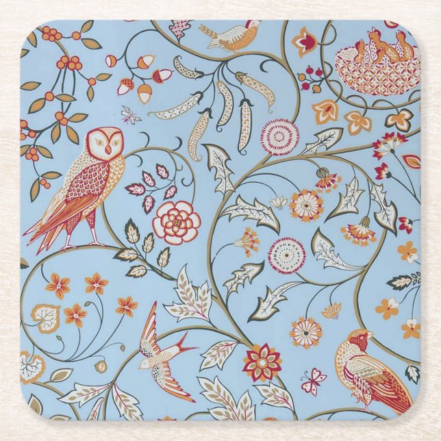 Porta-copo De Papel Quadrado Aves e Flores, William Morris (Frente)