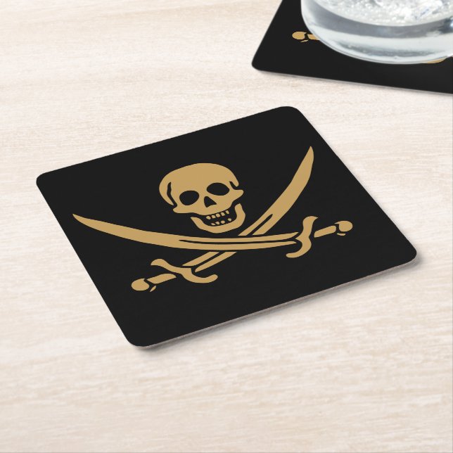 Porta-copo De Papel Quadrado Aztec Dourado Crânio e Cutlass Pirata Calico Jack (Inclinado)
