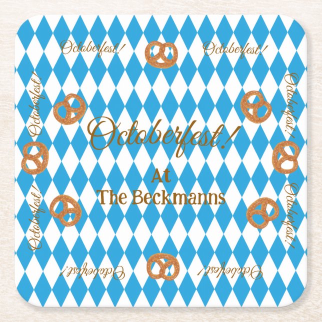 Porta-copo De Papel Quadrado Azul-bávaro Octoberfest Pretzels PERSONALIZE (Frente)