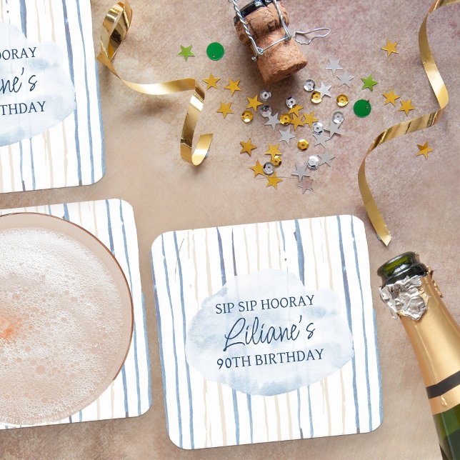 Porta-copo De Papel Quadrado Azul costeiro e areia riscada personalizada (Sip Sip Hooray Coasters from my Floral Number Birthday Party Collection)