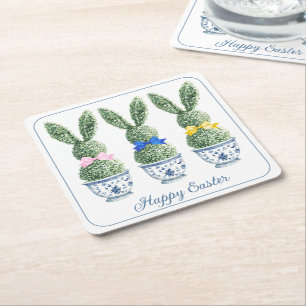 Porta-copo De Papel Quadrado Azul e Branco Chinoiserie Com Topiárias de Coelho