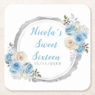 Porta-copo De Papel Quadrado Azul Empoeirado Flores Elegantes Sweet Sixteen Pra