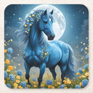 Porta-copo De Papel Quadrado Azul Fantasia Flores de Lua de Cavalo Mágico,