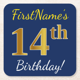 Porta-copo De Papel Quadrado Azul, Faux Dourado 14 Aniversário + Nome Personali