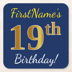 Porta-copo De Papel Quadrado Azul, Faux Dourado 19.º Aniversário + Nome Persona