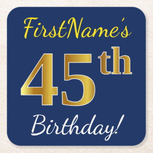 Porta-copo De Papel Quadrado Azul, Faux Dourado 45.º Aniversário + Nome Persona