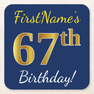 Porta-copo De Papel Quadrado Azul, Faux Dourado 67º Aniversário + Nome Personal