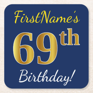 Porta-copo De Papel Quadrado Azul, Faux Dourado 69º Aniversário + Nome Personal