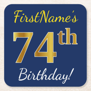 Porta-copo De Papel Quadrado Azul, Faux Dourado 74.º Aniversário + Nome Persona