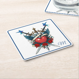 Porta-copo De Papel Quadrado Azul Floral Vermelho do Coração Náutico