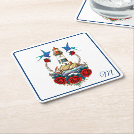 Porta-copo De Papel Quadrado Azul Floral Vermelho do Farol Náutico