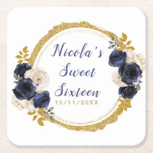 Porta-copo De Papel Quadrado Azul Marinho e Dourado Flores Elegantes Sweet Sixt
