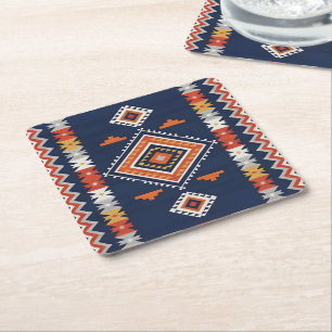 Porta-copo De Papel Quadrado Azul Marinho e Geométrico Tribal Terracota
