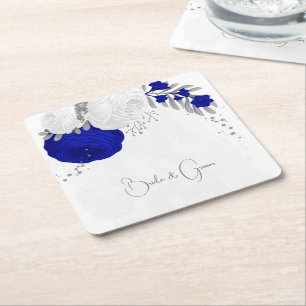 Porta-copo De Papel Quadrado azul real & flores brancas prata