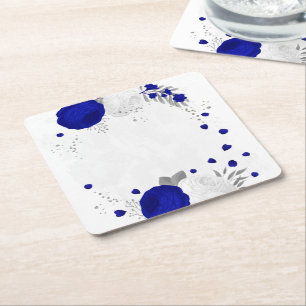 Porta-copo De Papel Quadrado azul real & flores brancas prata