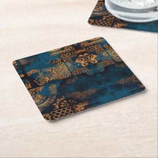 Porta-copo De Papel Quadrado Azul Turquesa e Dourado Azulejo Geométrico Antigo