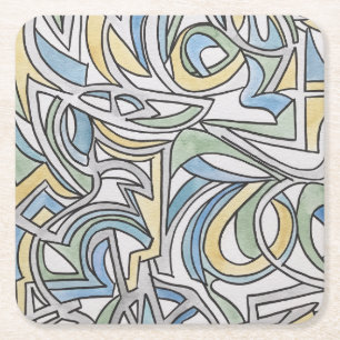 Porta-copo De Papel Quadrado Azul Verde Amarelo Treliça-Mão Pintada Abstrata