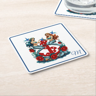 Porta-copo De Papel Quadrado Azul vermelho floral da Sereia náutica