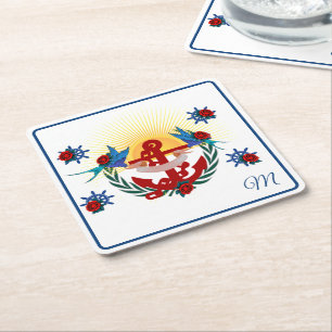 Porta-copo De Papel Quadrado Azul Vermelho Floral de Âncora Náutica