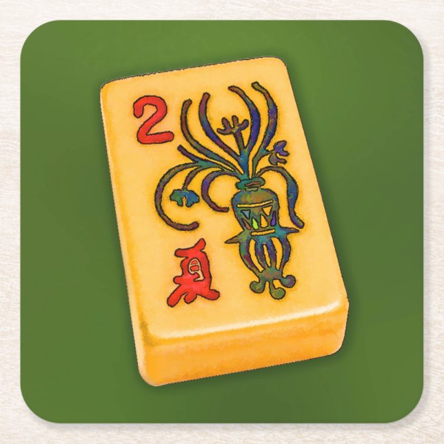 Porta-copo De Papel Quadrado Azulejo da flor do Mah Jongg (Frente)