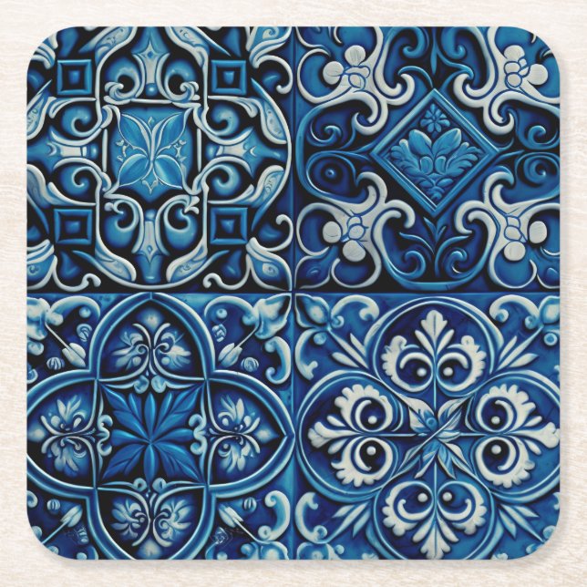 Porta-copo De Papel Quadrado Azulejo de mosaico marinho azul. padrão abstrato f (Frente)