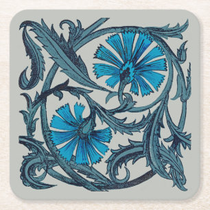 Porta-copo De Papel Quadrado Azulejo decorativo rústico de arte floral azul vin