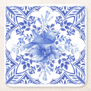 Porta-copo De Papel Quadrado Azulejo Floral Branco e Azul com Pássaro