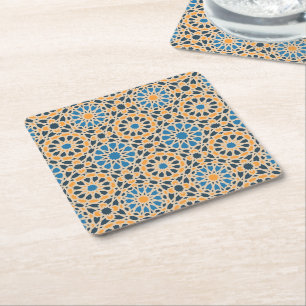 Porta-copo De Papel Quadrado Azulejo Geométrico Mediterrâneo & Padrão Laranja