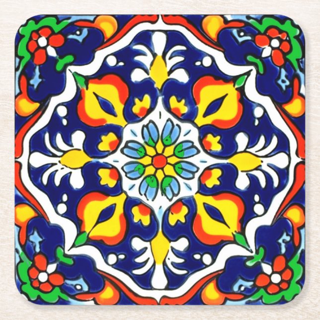 Porta-copo De Papel Quadrado Azulejo mexicano Talavera Terracotta nº 3 (Frente)
