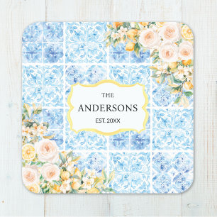 Porta-copo De Papel Quadrado Azulejos Azuis Mediterrâneos Flor Limão Nome da Fa