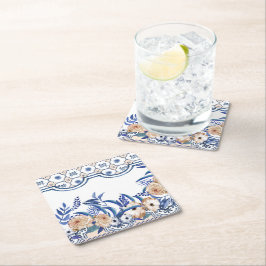 Porta-copo De Papel Quadrado Azulejos Azuis Padrão Mediterrâneo 
