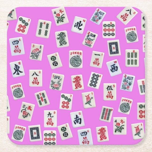 Porta-copo De Papel Quadrado Azulejos MahJongg em fundo rosa (Frente)