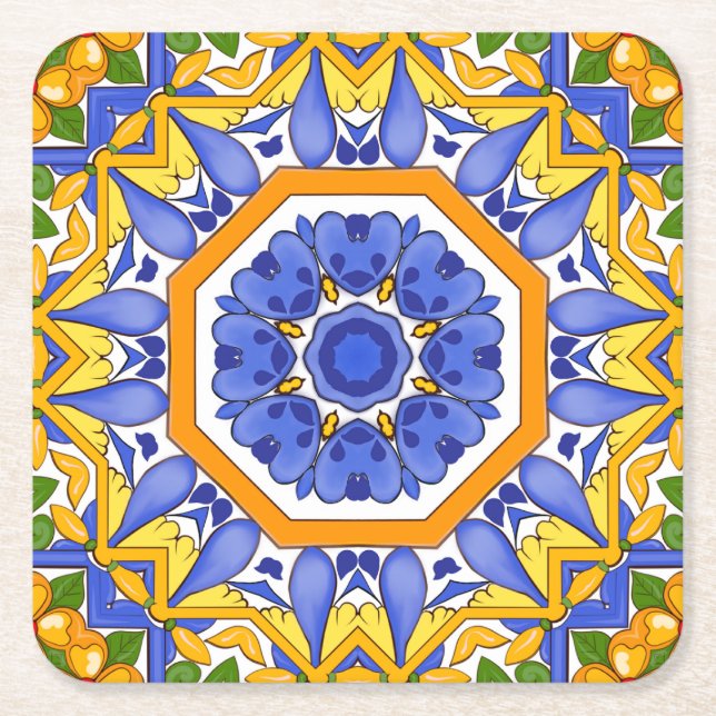 Porta-copo De Papel Quadrado Azulejos mediterrânicos, majolica, Siciliana, (Frente)